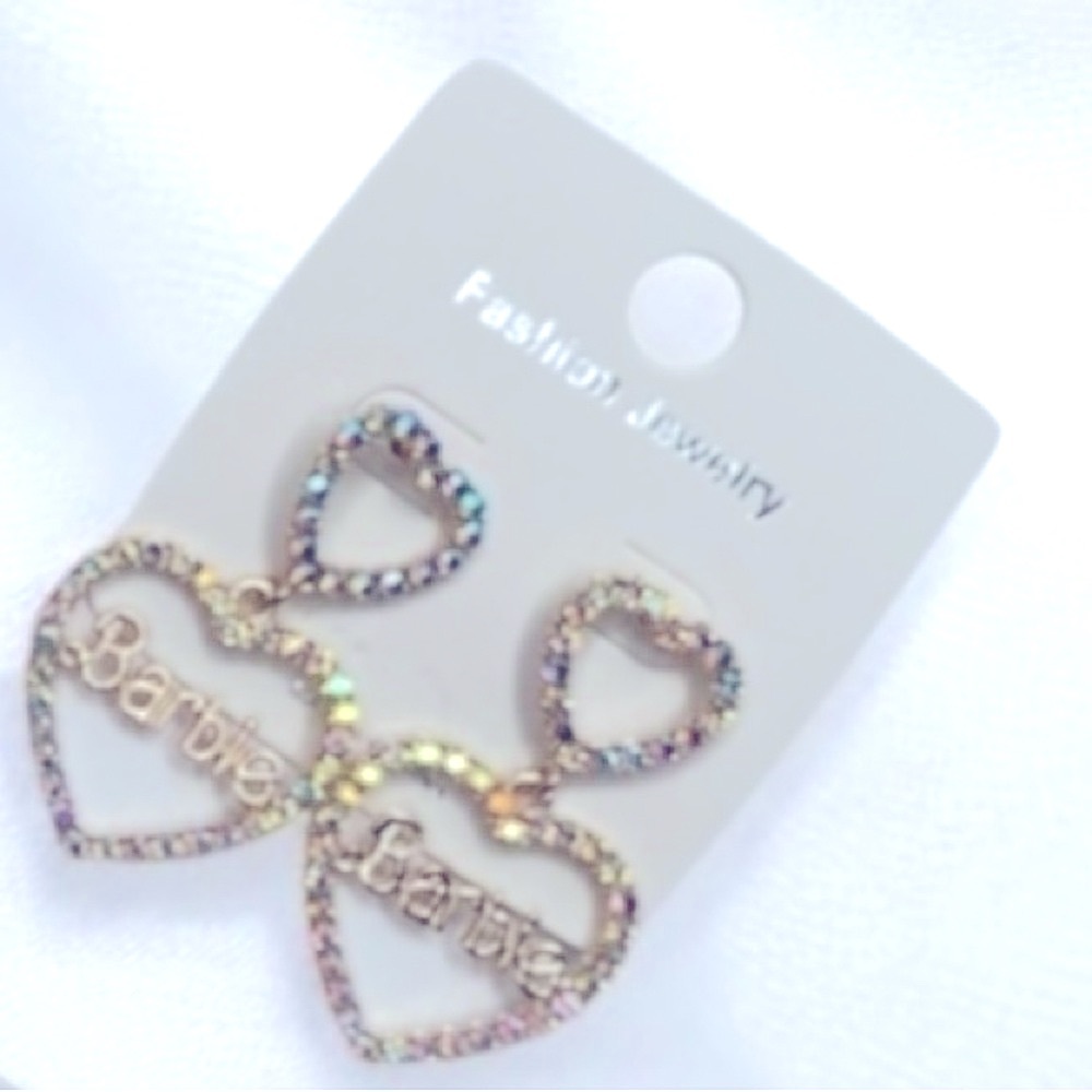 BARBIE Crystal Double Heart Rhinestone Drop Earrings *GOLD TONE Iridescent NEW